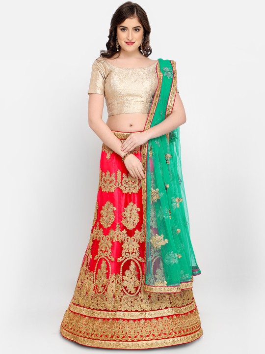Pink & Green Embroidered Ready to Wear Lehenga & Unstitched Choli with Dupatta