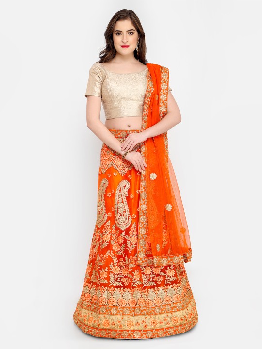 Orange & Beige Embroidered Ready to Wear Lehenga & Unstitched Choli with Dupatta