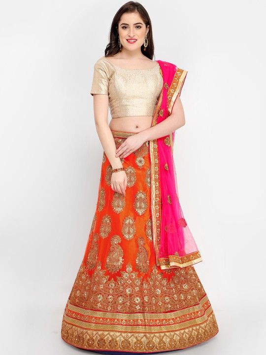 Orange & Beige Embroidered Semi-Stitched Lehenga & Unstitched Choli with Dupatta