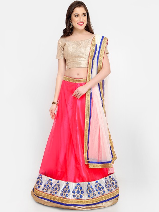 Pink & Blue Solid Ready to Wear Lehenga & Unstitched Choli with Dupatta