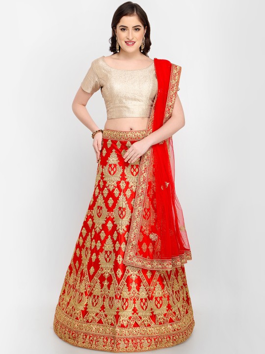 Red Semi-Stitched Lehenga & Blouse with Dupatta