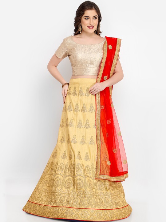 Gold-Toned & Red Embroidered Unstitched Lehenga & Blouse with Dupatta