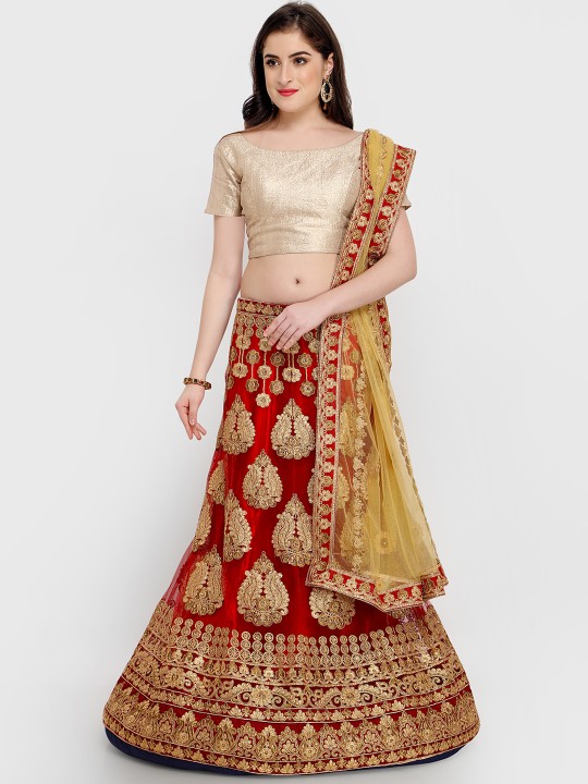Red & Beige Embroidered Semi-Stitched Lehenga & Unstitched Choli with Dupatta