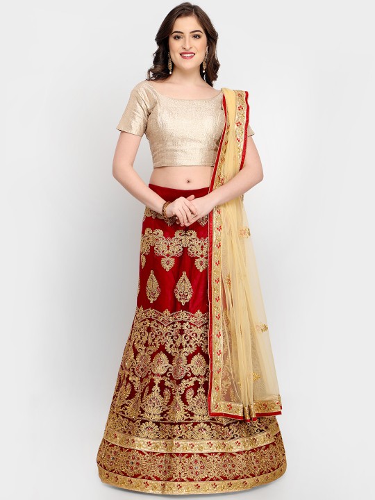 Maroon & Beige Embroidered Semi-Stitched Lehenga & Unstitched Choli with Dupatta