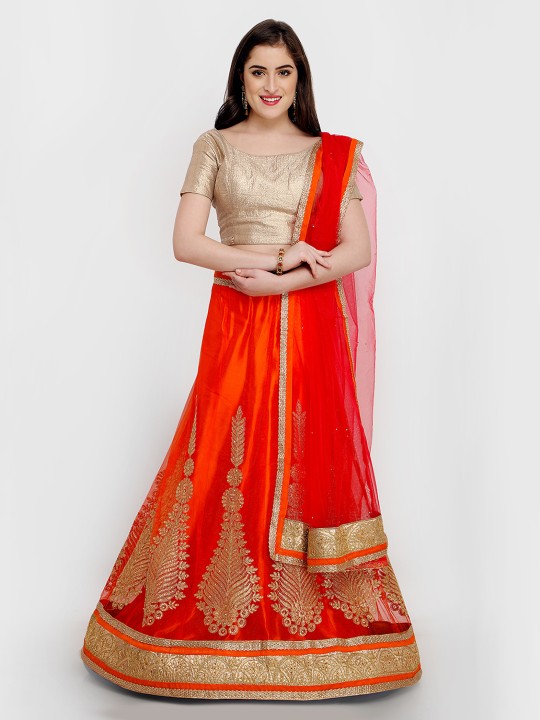 Orange & Beige Solid Ready to Wear Lehenga & Unstitched Choli with Dupatta