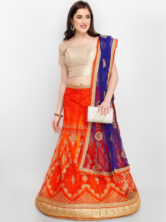 Orange & Blue Embroidered Ready to Wear Lehenga & Unstitched Choli with Dupatta