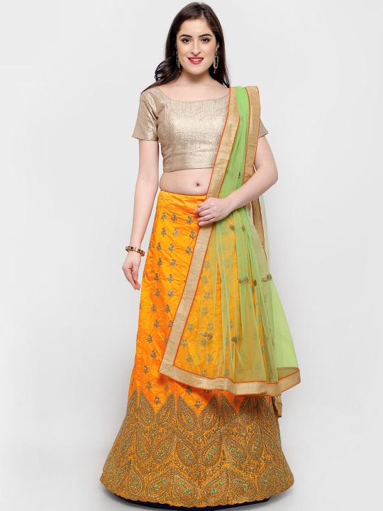 Yellow & Green Embroidered Ready to Wear Lehenga & Unstitched Choli with Dupatta
