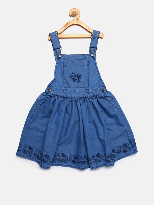 Girls Blue Solid Embroidered Pinafore Dress