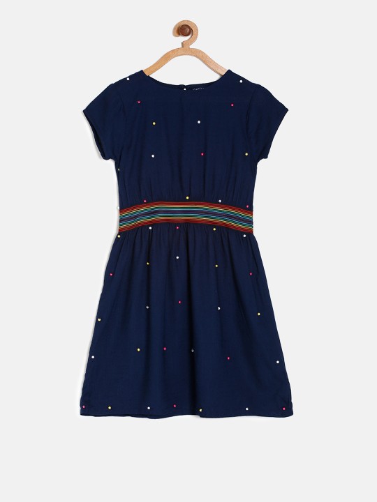 Girls Navy Blue Embellished Fit and Flare Dress