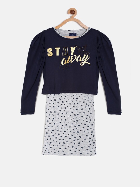 Girls Navy Blue Printed Sheath Dress 9-10Y
