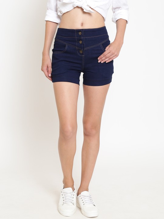 Women Navy Blue Solid Regular Fit Denim Shorts 26