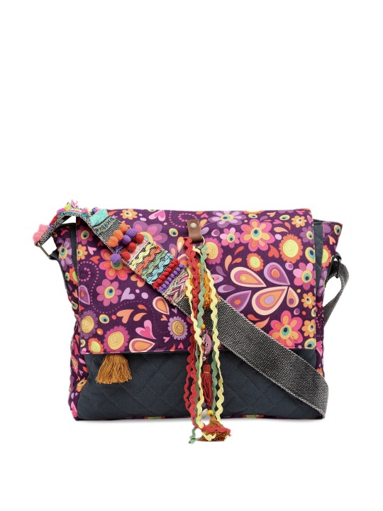Unisex Navy Blue & Multicoloured Printed Messenger Bag