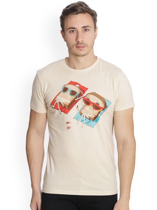 Men Beige Printed Round Neck T-shirt S