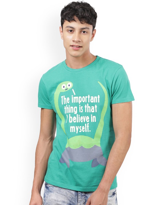 Men Green Printed Round Neck T-shirt S