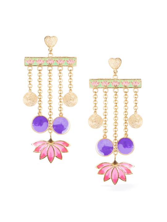 Gold-Plated & Pink Floral Drop Earrings