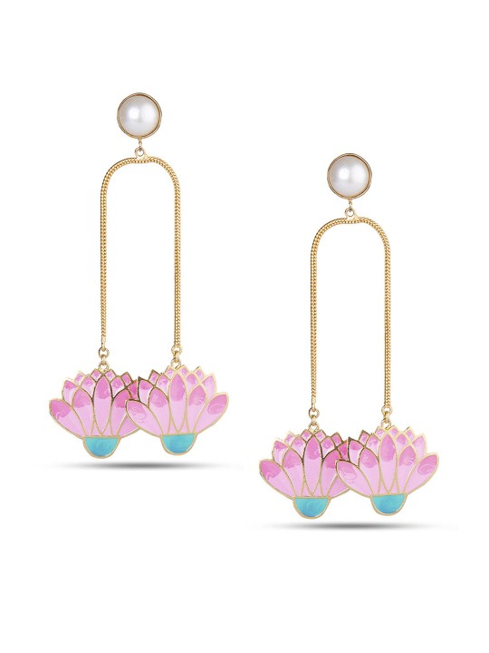 Gold-Toned & Pink Floral Drop Earrings