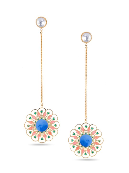 Gold-Toned & Pink Floral Drop Earrings