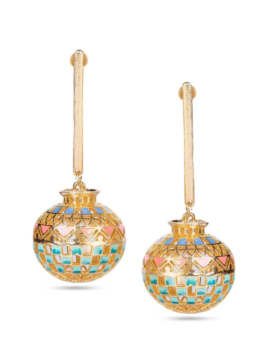 Gold-Plated & Green Circular Drop Earrings
