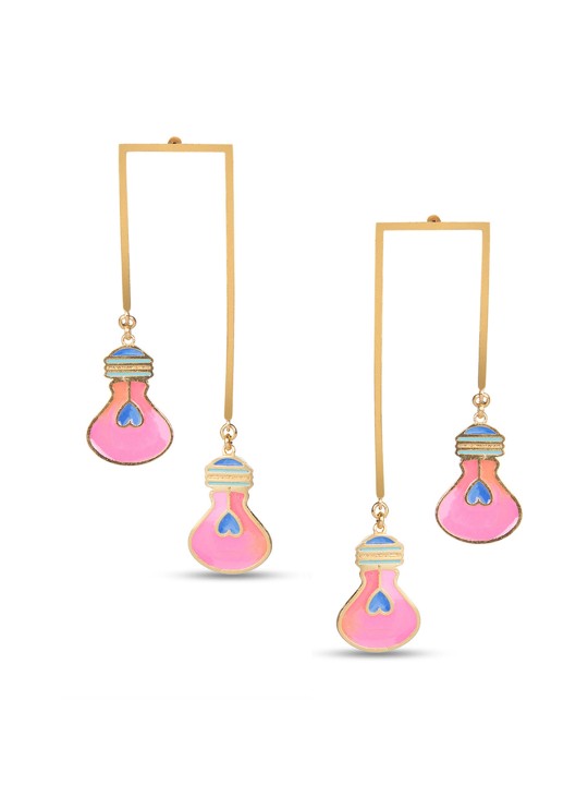 Gold-Toned & Pink Contemporary Drop Earrings