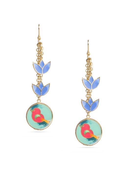 Gold-Toned & Blue Circular Drop Earrings