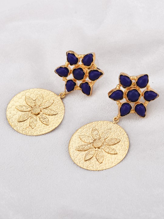 Gold-Plated & Blue Floral Drop Earrings