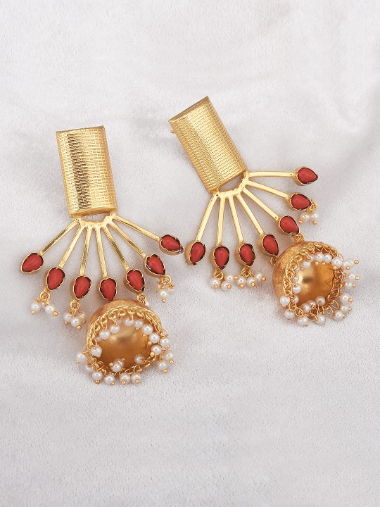 Gold-Plated & Red Contemporary Jhumkas