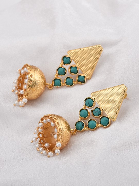 Gold-Plated & Turquoise Blue Contemporary Jhumkas