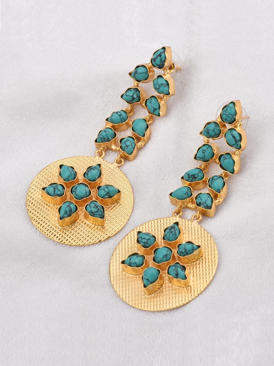Gold-Plated & Turquoise Blue Floral Drop Earrings