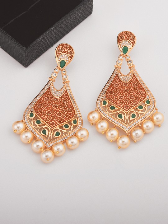 Gold-Plated & Orange Floral Drop Earrings