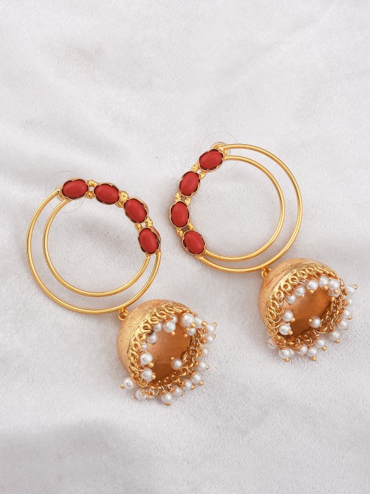 Gold-Plated & Red Circular Jhumkas