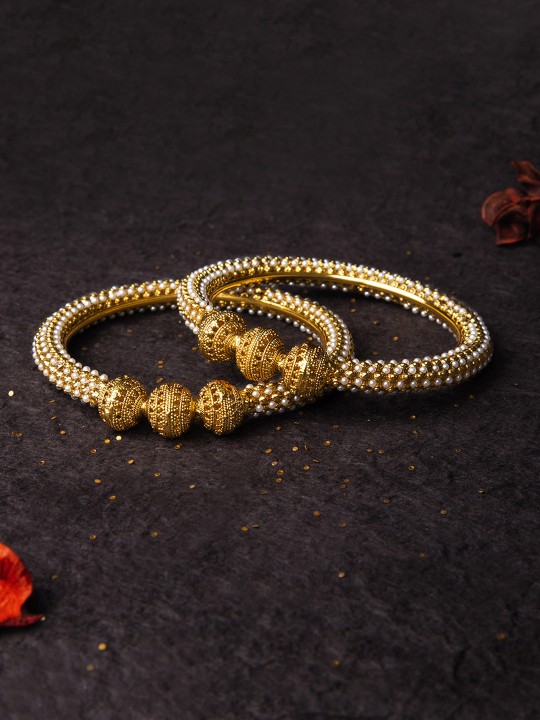 Set of 2 Gold-Toned Traditional Gold Plated Kundan Studded Bangles