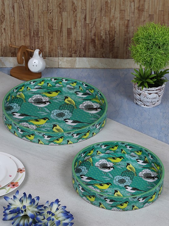 Set of 2 Handcrafted Printed Circular Wooden Trays