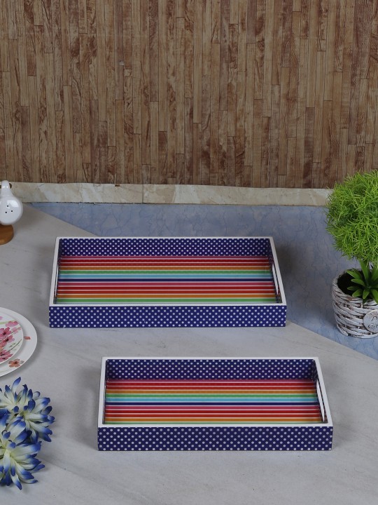 Set Of 2 Multicoloured Handcrafted Rectangular Wooden Trays