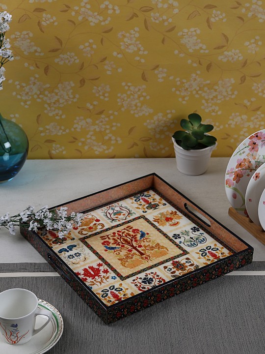 Multicoloured Handcrafted Square Wooden Tray