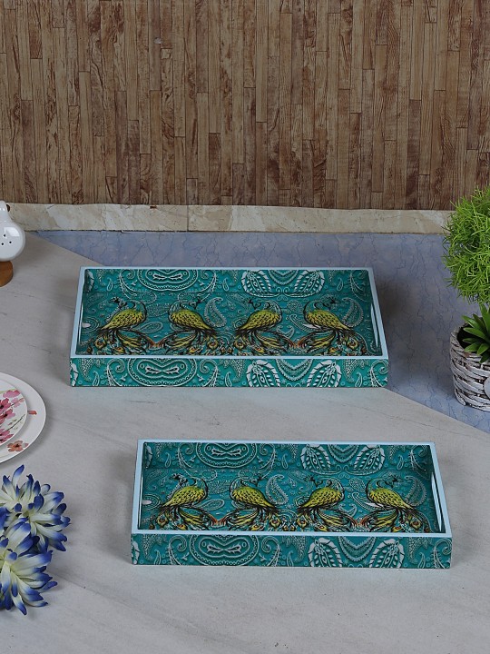 Set Of 2 Green Handcrafted Rectangular Wooden Trays