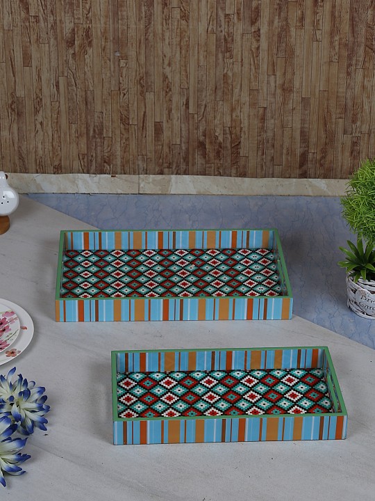 Set Of 2 Multicoloured Handcrafted Rectangular Wooden Trays