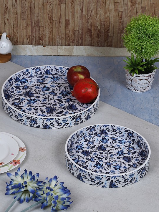 Set Of 2 White & Blue Circular Wooden Handcrafted Persian Pinewood Trays