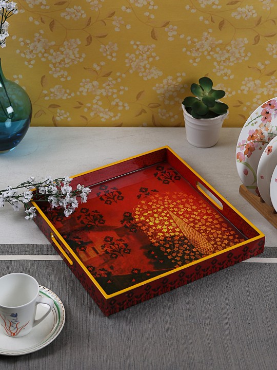 Red Handcrafted Square Wooden Tray