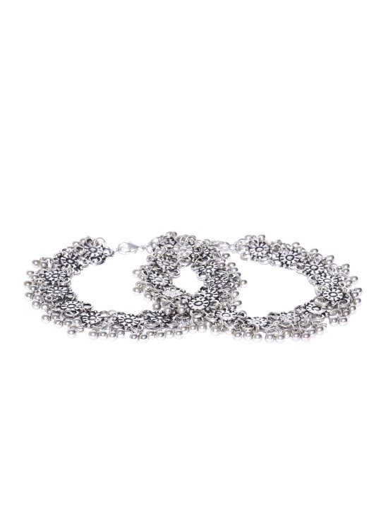 Set of 2 Oxidised Silver-Toned Textured Anklets