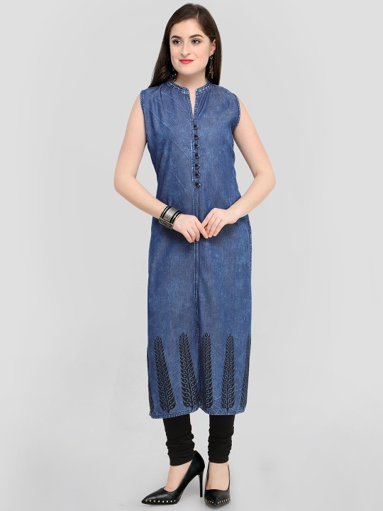 Women Navy Blue & Black Printed Denim Straight Kurta S