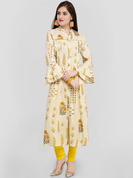 Women Cream-Coloured & Yellow Printed A-Line Kurta S