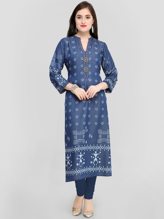 Women Navy Blue & White Printed Denim Straight Kurta M
