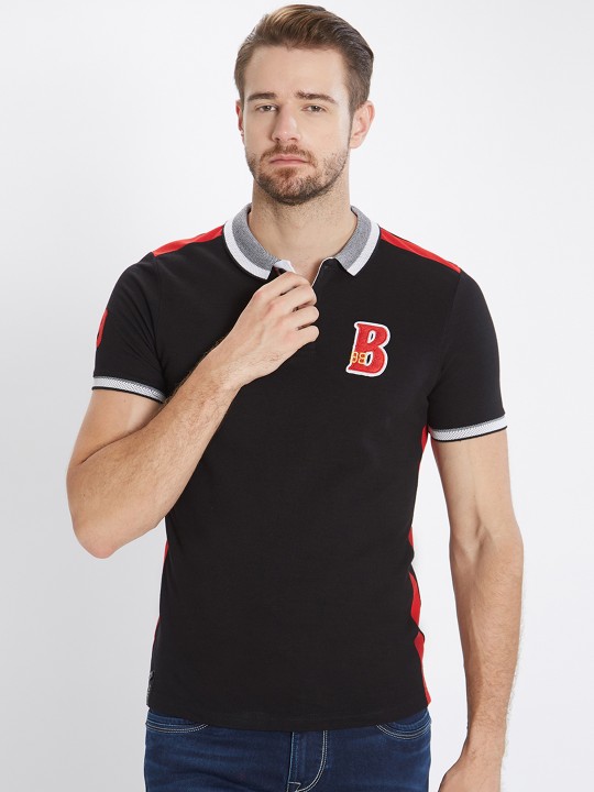 Men Black Solid Polo Collar T-shirt M