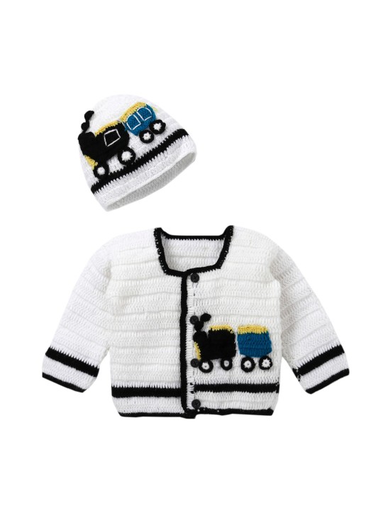 Unisex White & Black Self Design Woollen Front-Open Sweater 0-3M