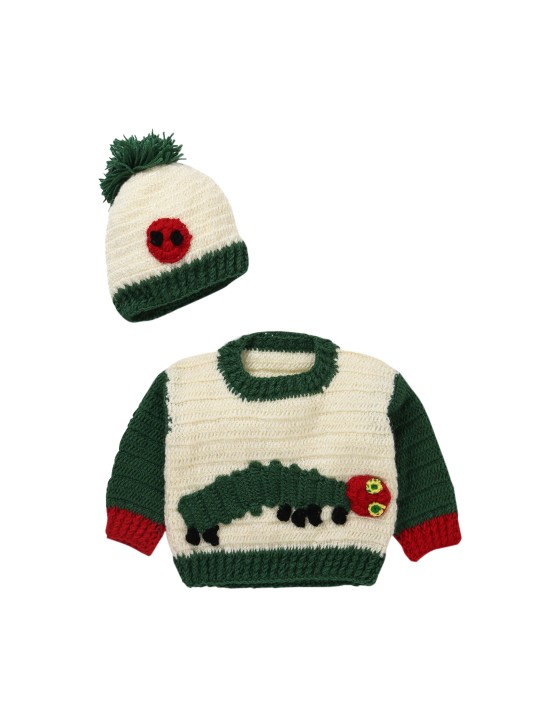 Unisex Green & Off-White Self Design Woollen Pullover 0-3M