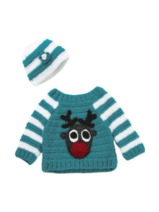 Unisex Teal & White Self Design Woollen Pullover