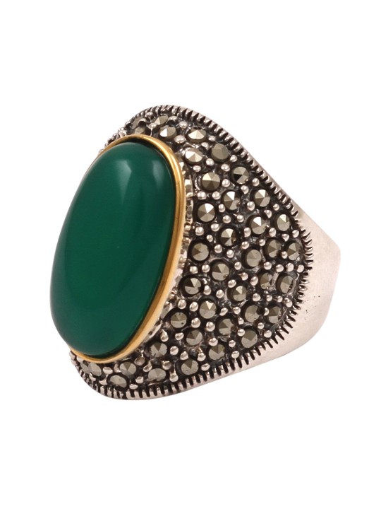 Silver-Toned & Green Handcrafted Pure Silver Ring