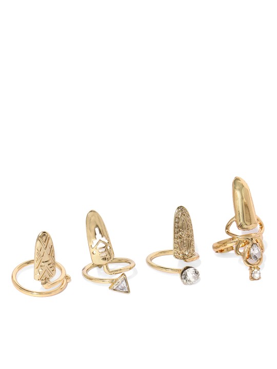 Women Set of 4 Metallic Gold Toned Finger Rings