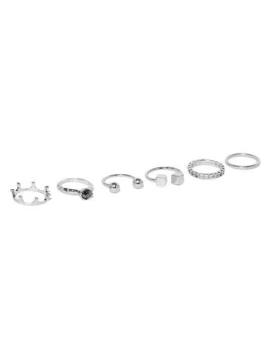 Women Set of 6 Silver-Toned Finger Rings