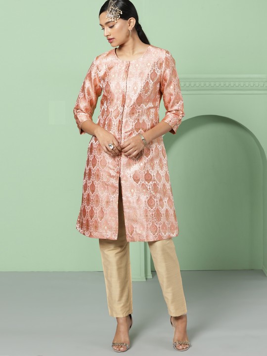 Women Pink & Gold-Toned Woven Design A-Line Kurta M